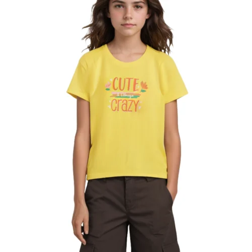 Girls Cotton T-Shirt | Cute Crazy | Blazing Yellow | 7-14Y