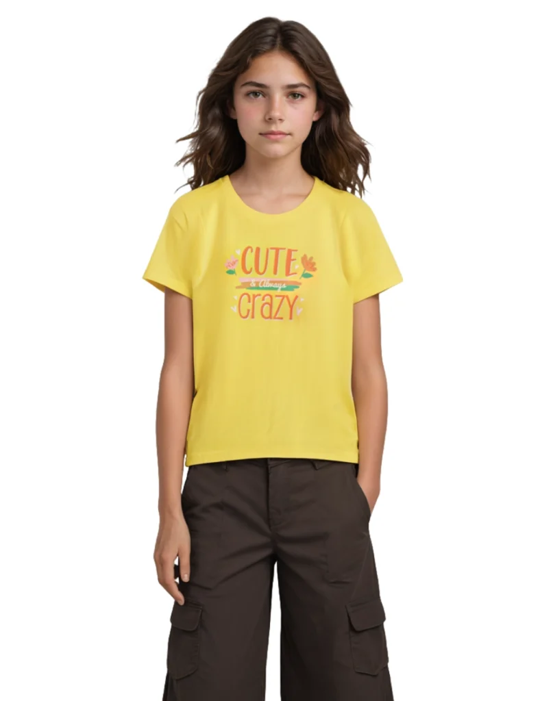 Girls Cotton T-Shirt | Cute Crazy | Blazing Yellow | 7-14Y