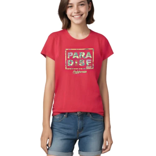 Girls Cotton T-Shirt | Paradise Beach | Bright Rose Pink | 7-14Y