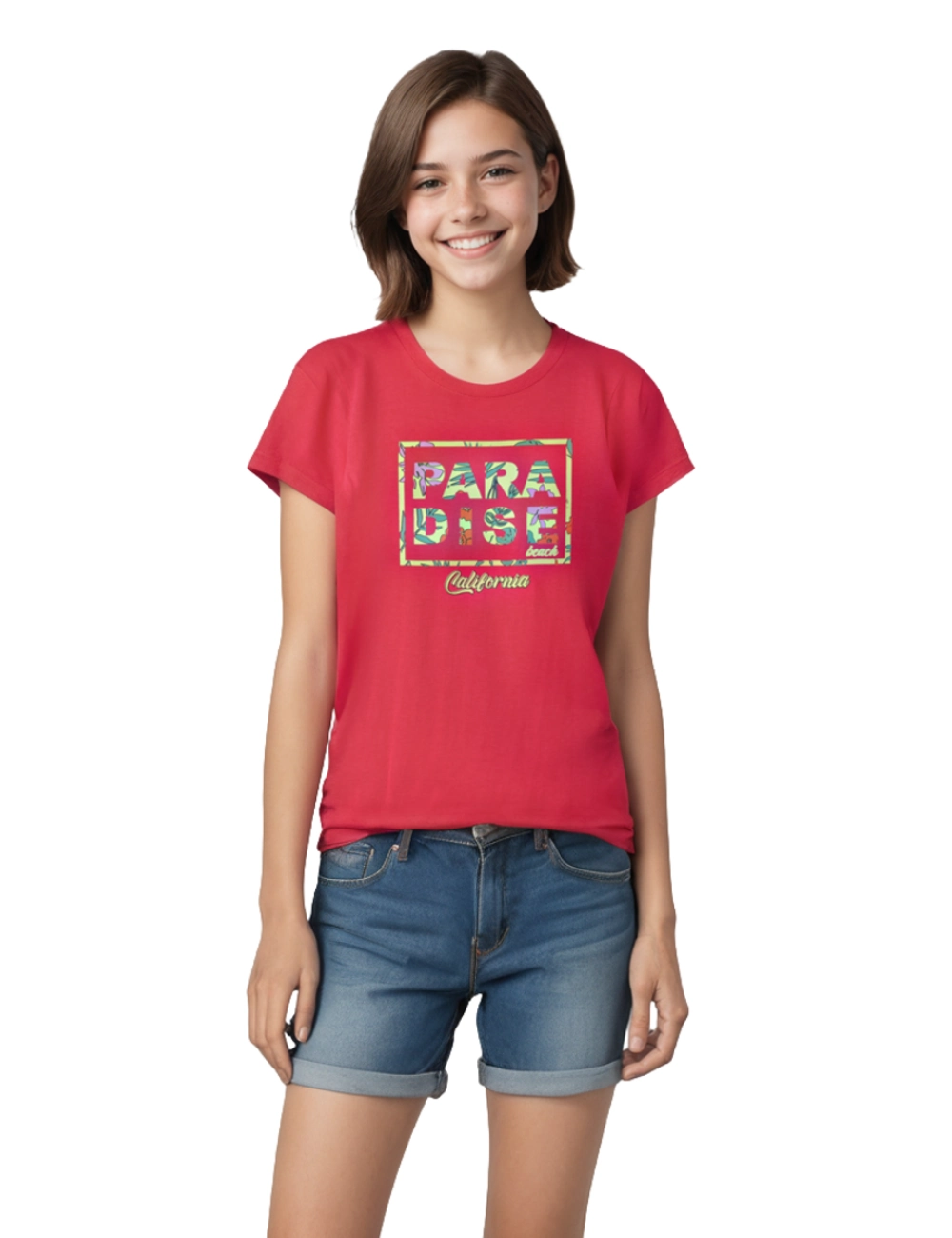 Girls Cotton T-Shirt | Paradise Beach | Bright Rose Pink | 7-14Y