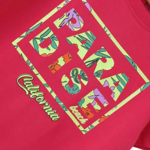 Girls Cotton T-Shirt | Paradise Beach | Bright Rose Pink | 7-14Y