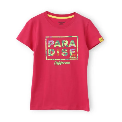 Girls Cotton T-Shirt | Paradise Beach | Bright Rose Pink | 7-14Y