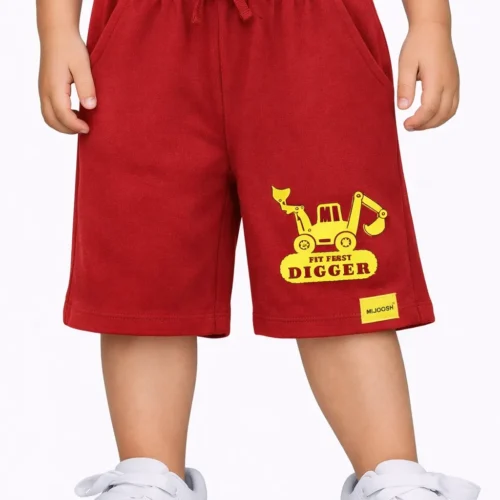 Boys Cotton Shorts with Mini Digger Print | Winery Red | Ages 2-6 | Mijoosh