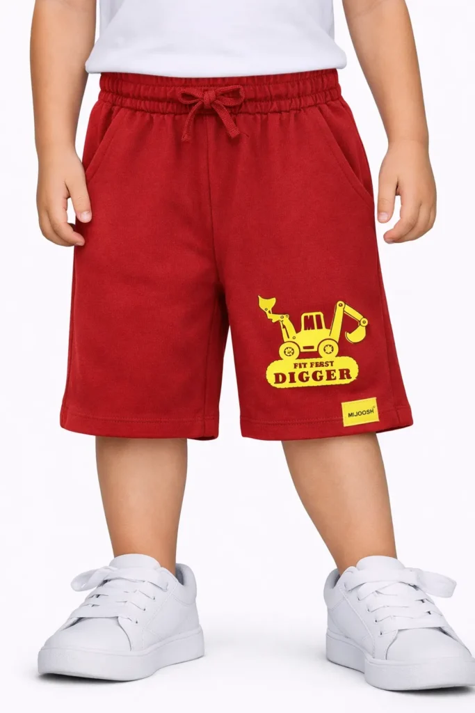 Boys Cotton Shorts with Mini Digger Print | Winery Red | Ages 2-6 | Mijoosh